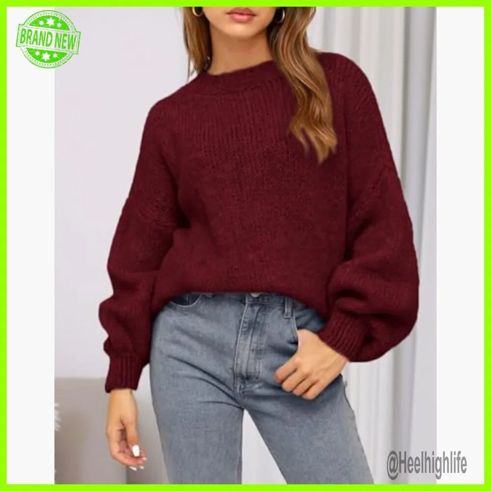 Oversized Lantern Sleeve Pullover Sweater, Loose Fit Knit Top - Picture 2 of 7